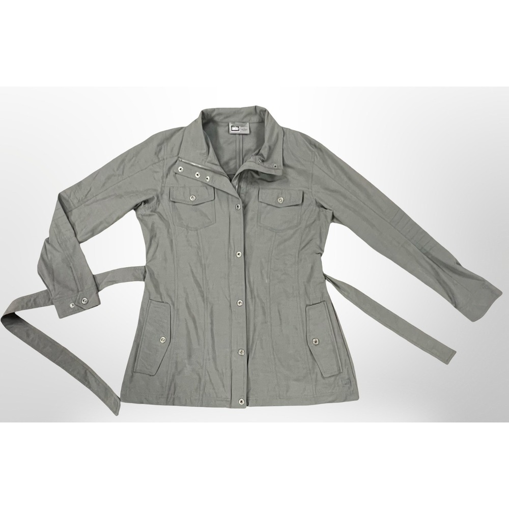 REI Jacket Womens Large Gray Belted Utility Safari Nylon Blend Full Zip Snaps
